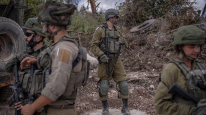 Israeli soldiers in the southern Lebanese village of Naqoura along the boundary with Israel. Photograph: Dpa Picture Alliance/Alamy Live News