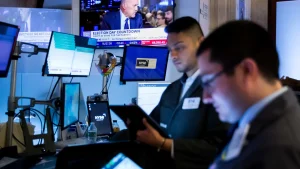 Traders work on the floor of the New York Stock Exchange. NYSE