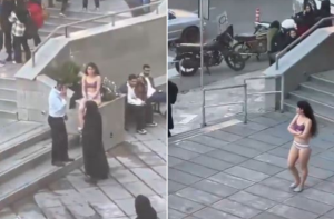 The unidentified young woman was filmed removing her clothes before sitting and walking around in nothing more than a bra, underwear and flat shoes outside the prestigious Islamic Azad University. @Sima_Sabet / X