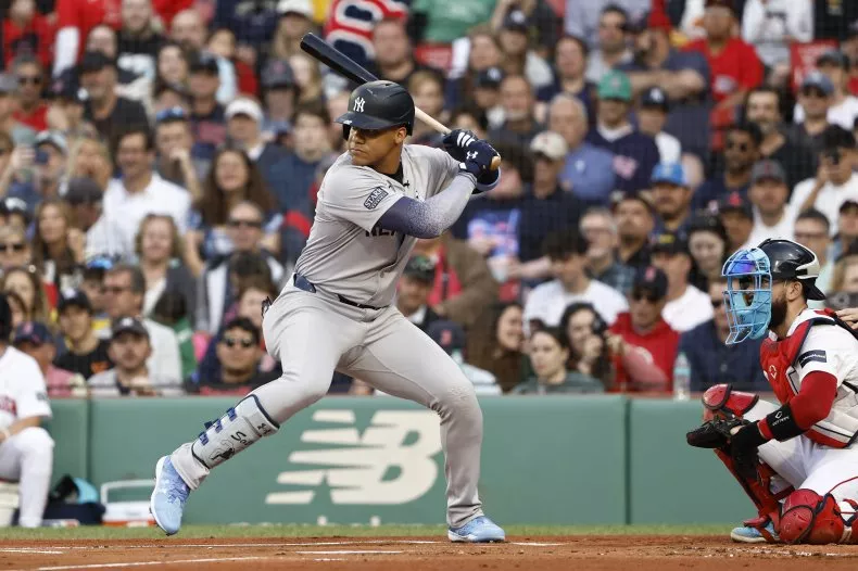 BOSTON, MA - JUNE 16: Juan Soto #22 of the New York Yankees at bat against the Boston Red Sox during the first inning at Fenway Park on June 16, 2024 in Boston, Massachusetts. Winslow Townson/Getty Images