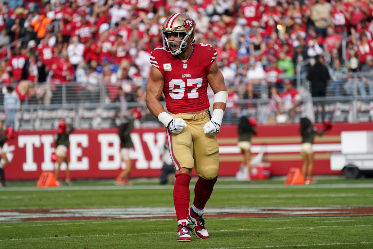 San Francisco 49ers defensive end Nick Bosa (97) celebrates after sacking Seattle Seahawks quarterback Geno Smith (7) in the first quarter at Levi's Stadium.