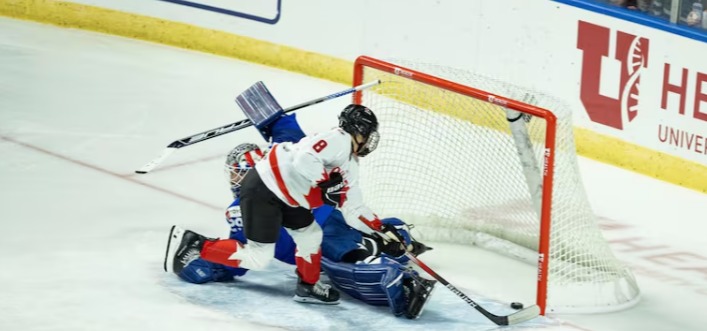 Chloe Primerano (8) pictured competing against the U.S. in the Rivalry Series on Nov. 8, 2024, had two assists against the Czech Republic Saturday in Finland. (Melissa Majchrzak/The Associated Press)